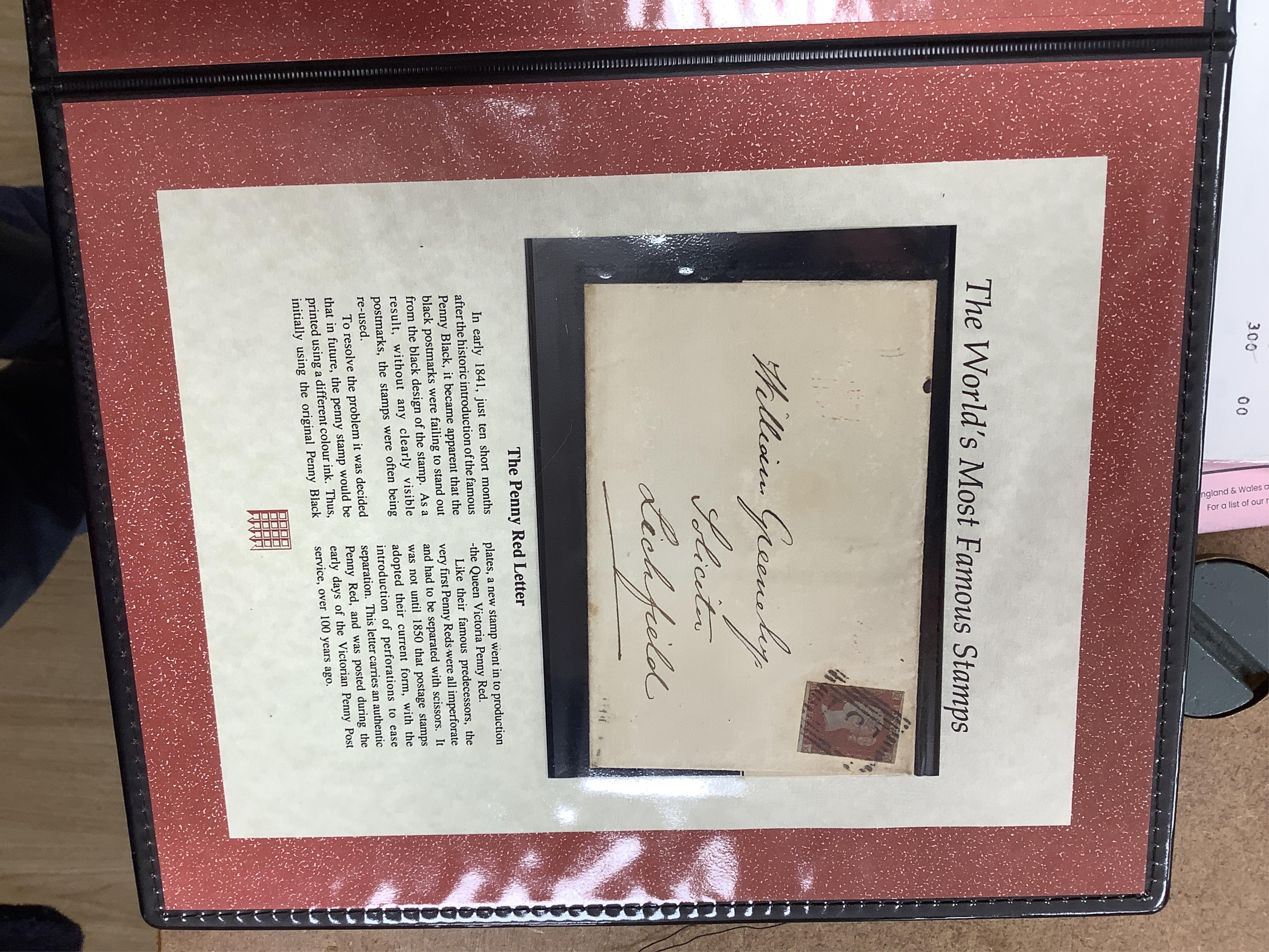 A collection of six 19th century stamps to include 1840 First Edition Two-Penny Blue, 1841 Two-Penny Blue in unused condition, 1841 used Two-Penny Blue, 1840 used Penny Black, 1841 Imperforate Penny Red and 1858-1870 Per